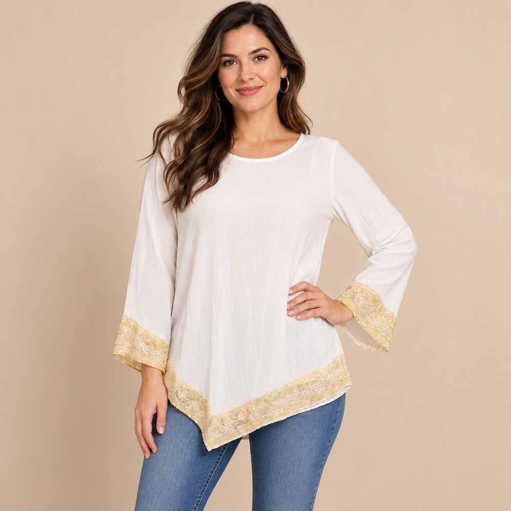 New Directions Cream Sharkbite Hem Tunic Women's Large Grannycore Flowy Fairy
